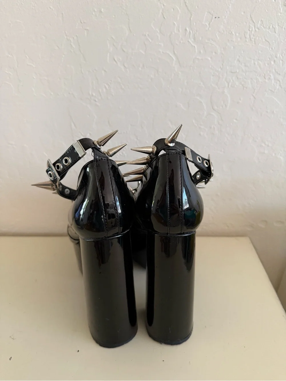 Black Patent Platform Mary Jane Heels with Silver Spikes